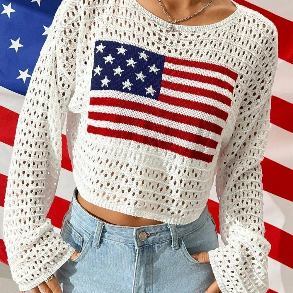 White Casual Women's Hollow Out Sweater With Flag Print Round Neck - Picture 3 of 7